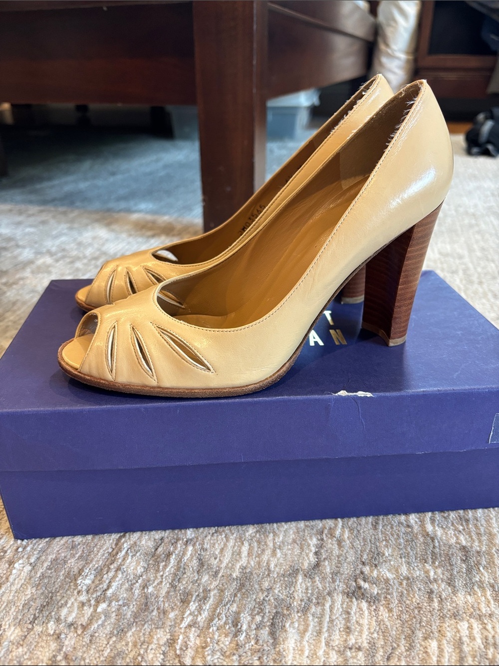 Stuart Weitzman Tan Leather Peep-Toe Block Heels